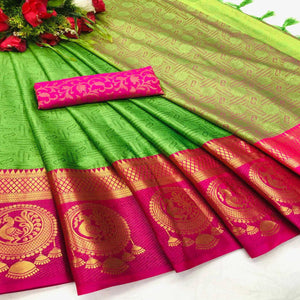 Charming Green Coloured Casual Wear Printed Self Cotton Silk Saree