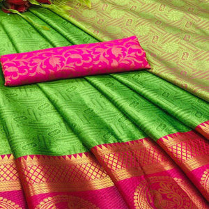 Charming Green Coloured Casual Wear Printed Self Cotton Silk Saree