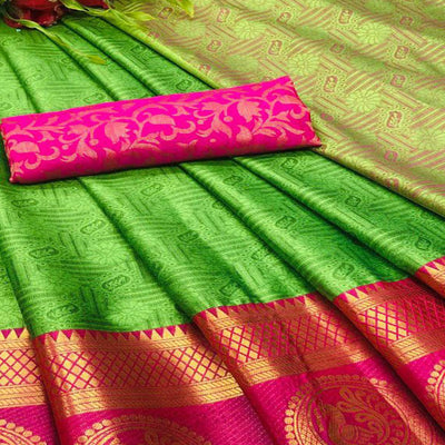 Charming Green Coloured Casual Wear Printed Self Cotton Silk Saree