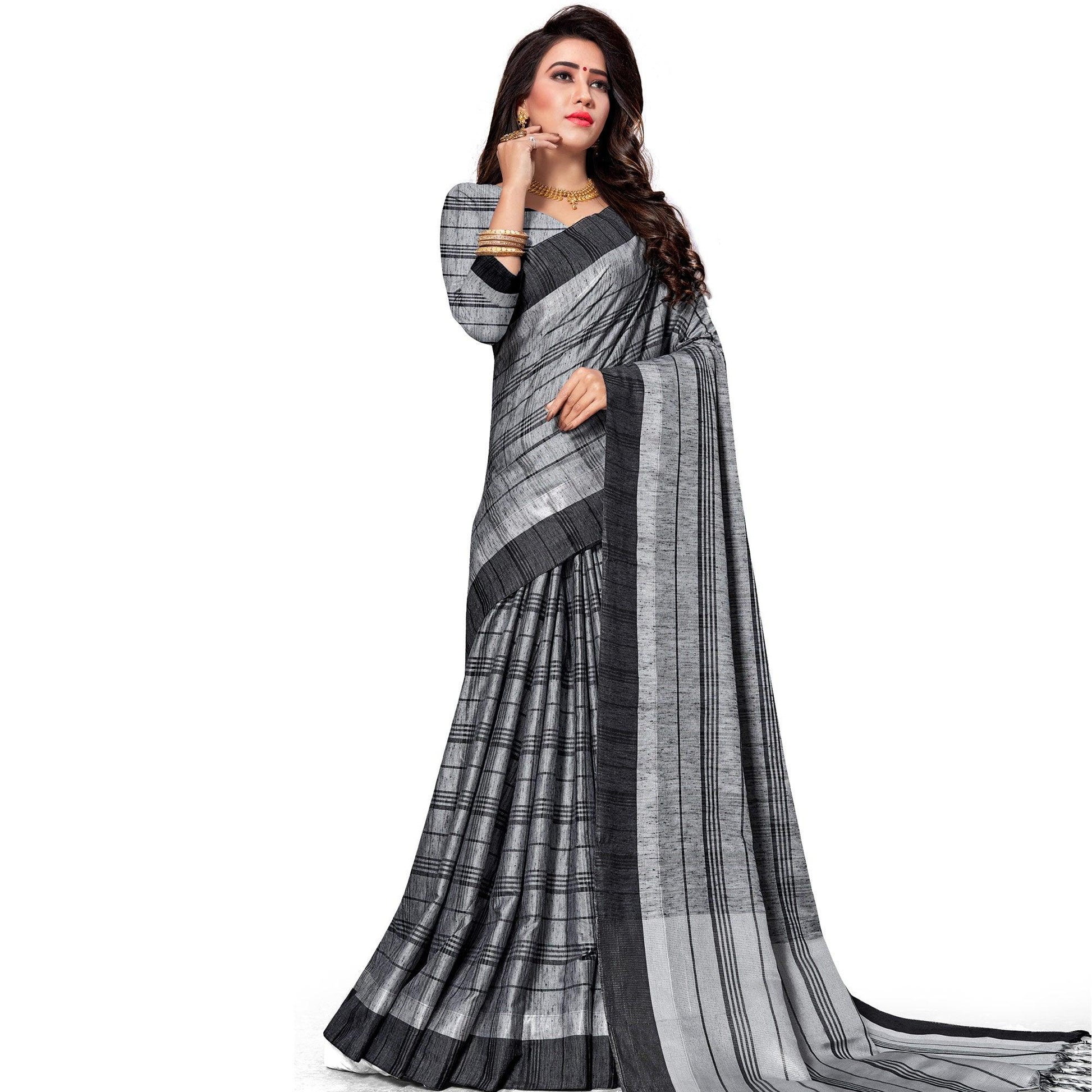 Charming Grey Colored Fesive Wear Stripe Print Cotton Silk Saree With Tassels
