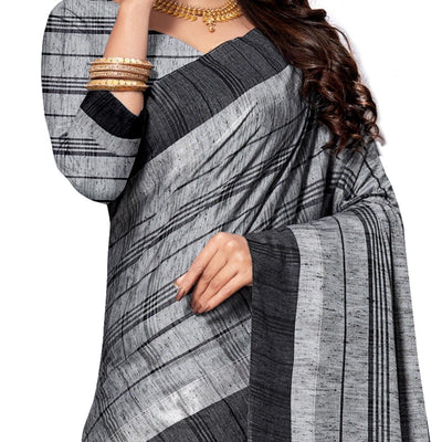 Charming Grey Colored Fesive Wear Stripe Print Cotton Silk Saree With Tassels