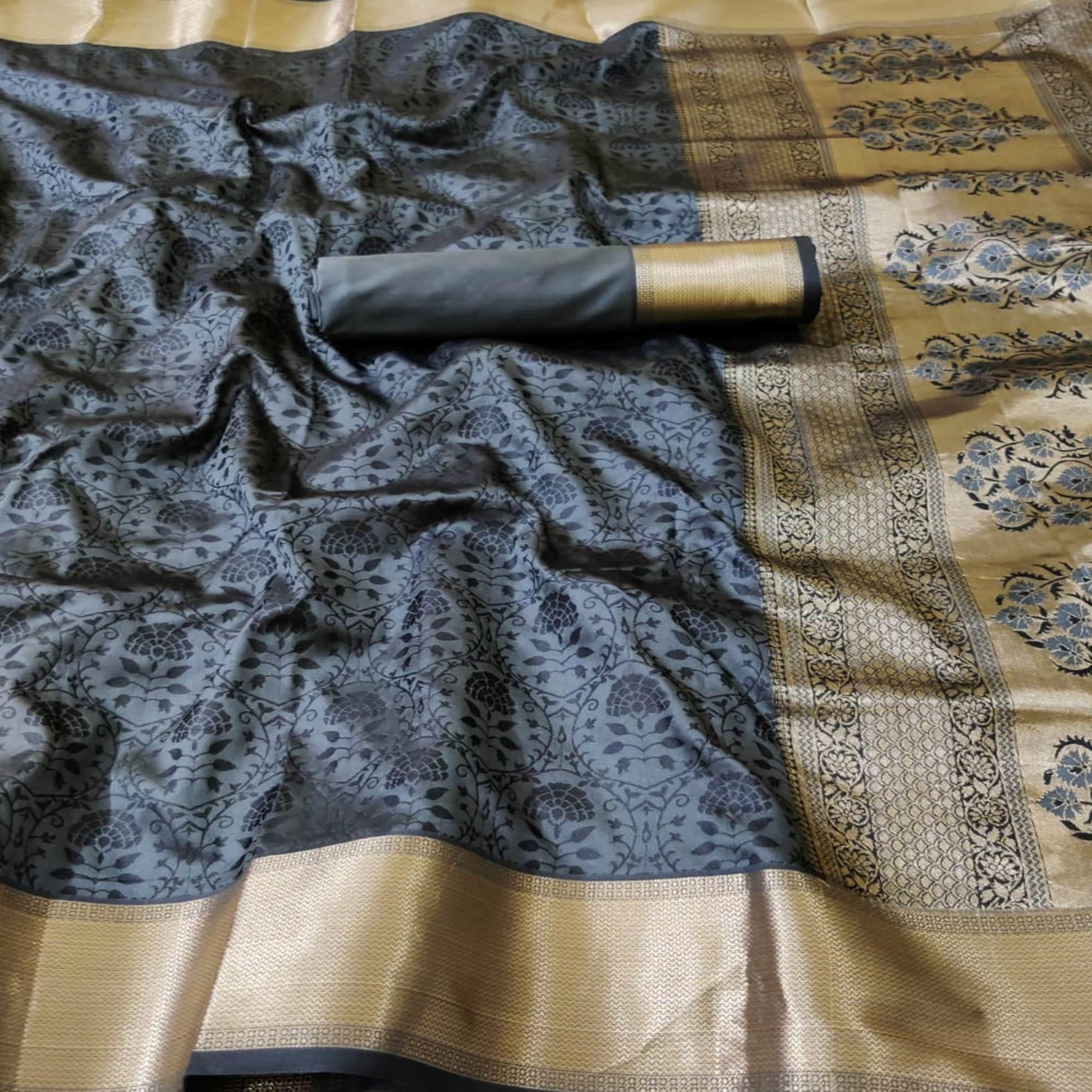 Charming Grey Colored Festive Wear Woven Heavy Silk Saree