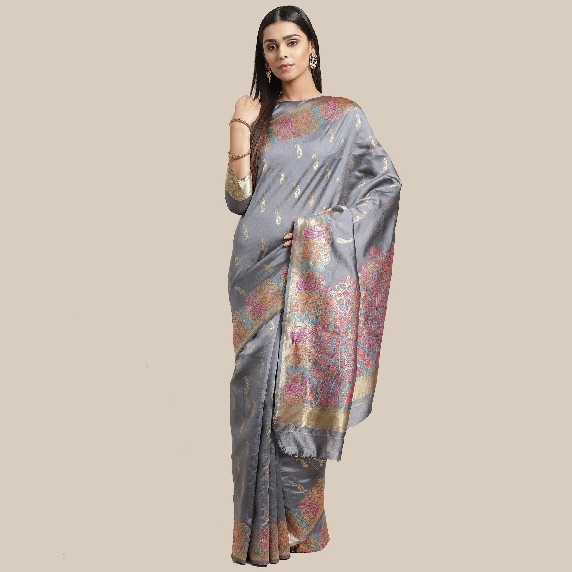 Charming Grey Colored Festive Wear Woven Silk Blend Saree