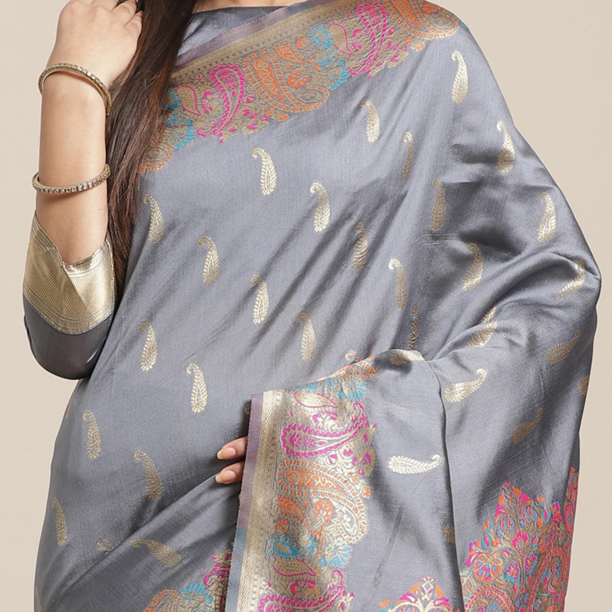 Charming Grey Colored Festive Wear Woven Silk Blend Saree