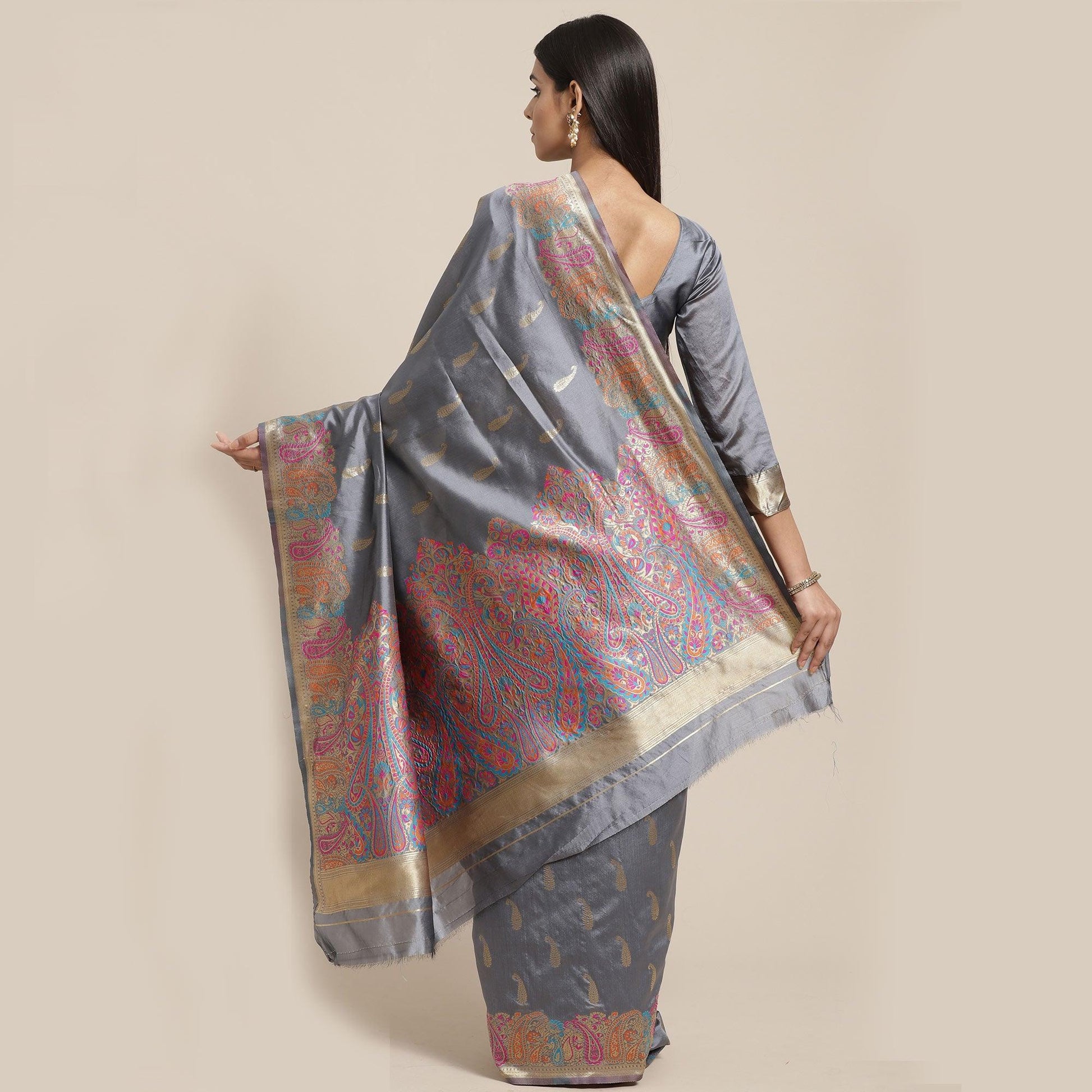 Charming Grey Colored Festive Wear Woven Silk Blend Saree