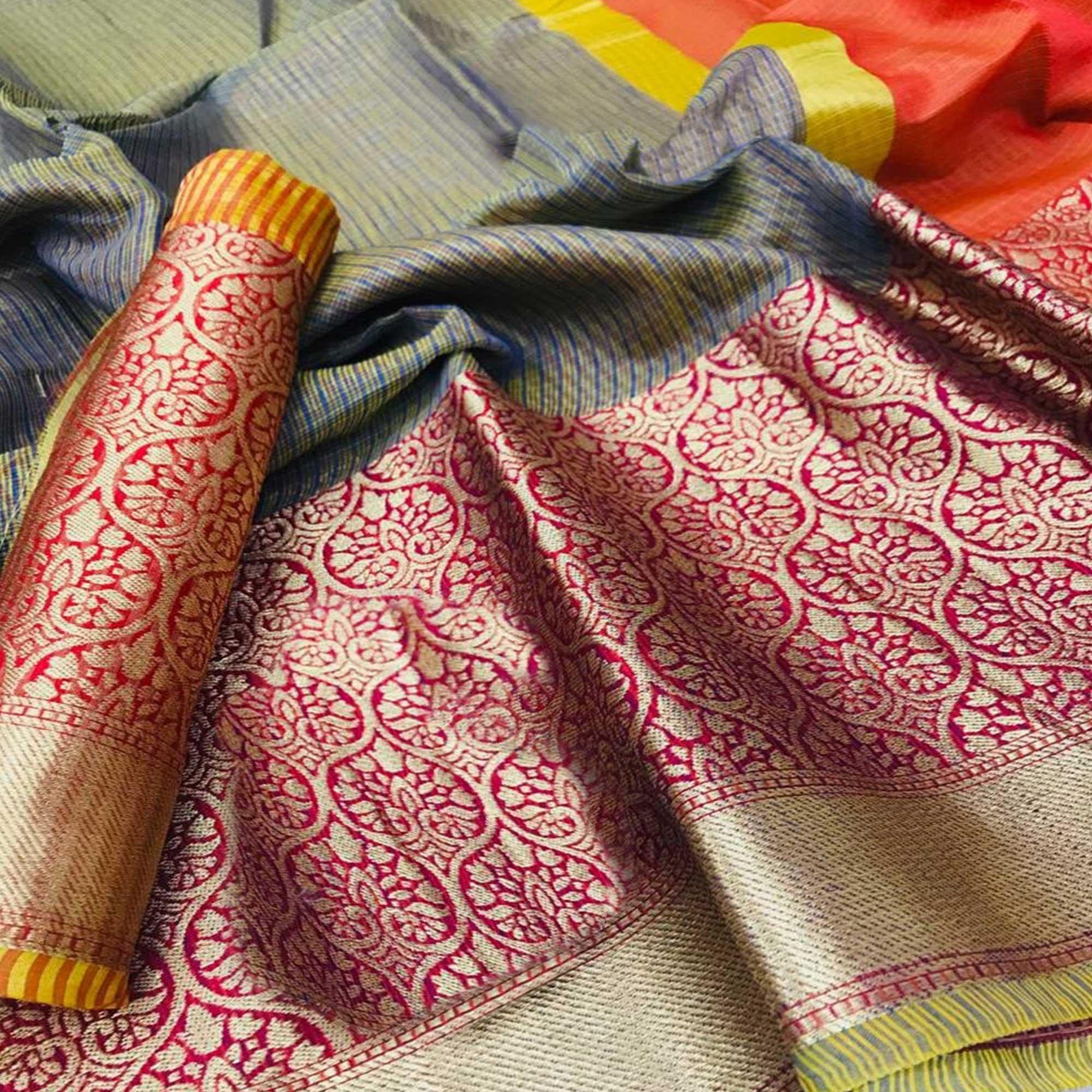 Charming Grey Colored Festive Wear Woven Silk Saree