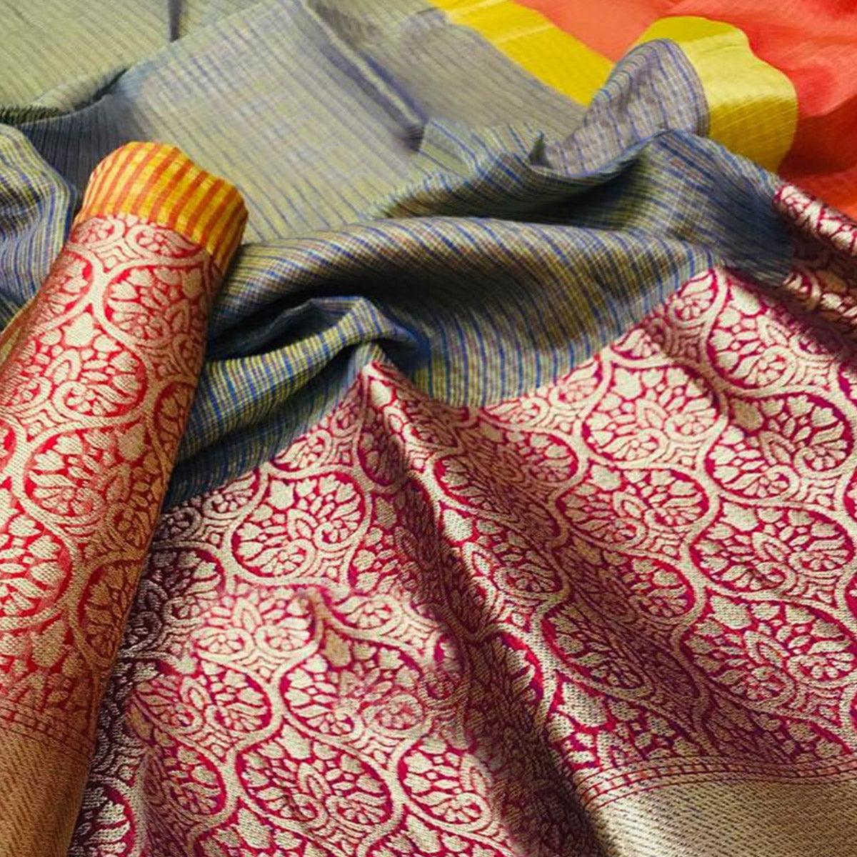 Charming Grey Colored Festive Wear Woven Silk Saree