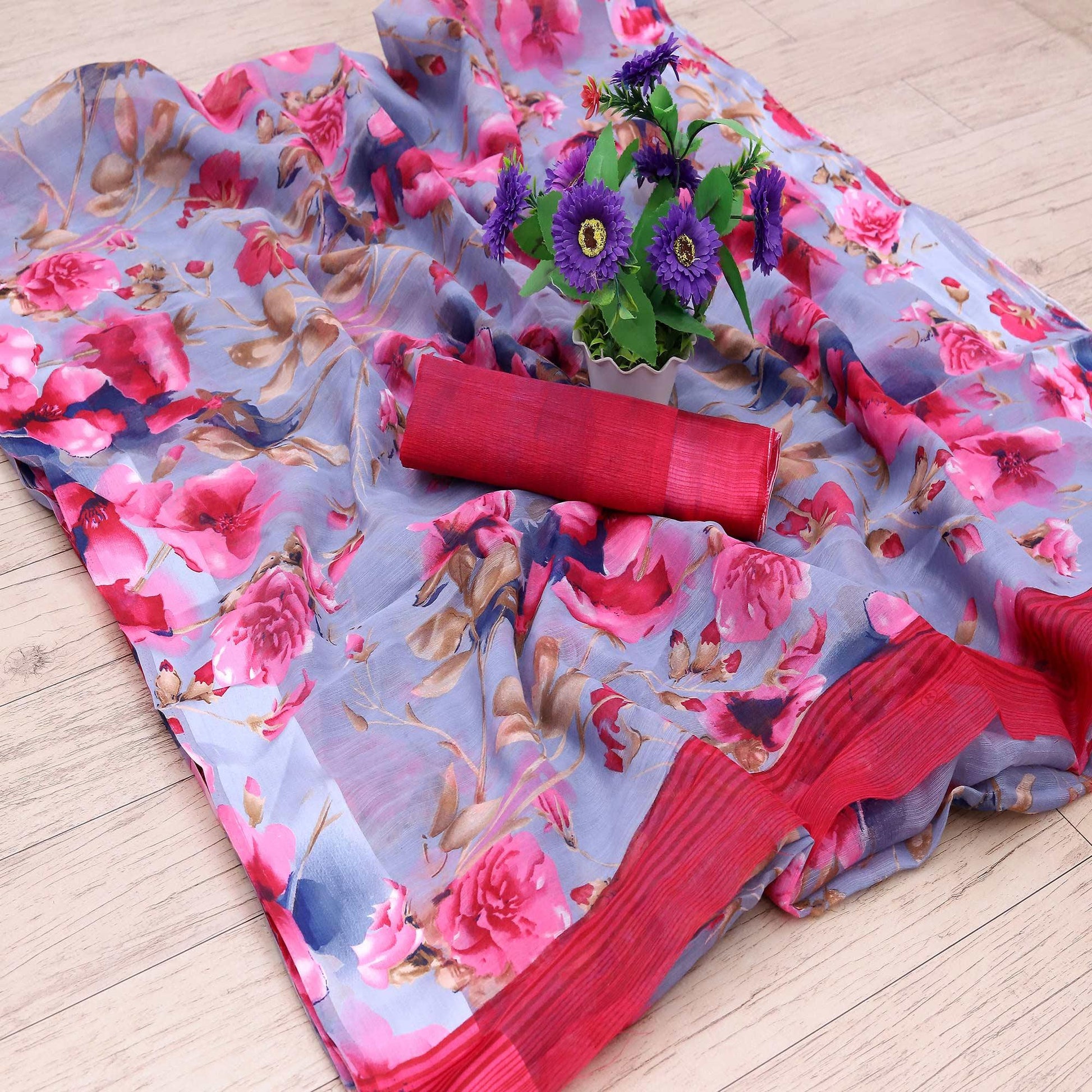 Charming Lavendar Colored Casual Wear Floral Printed Cotton Blend Saree