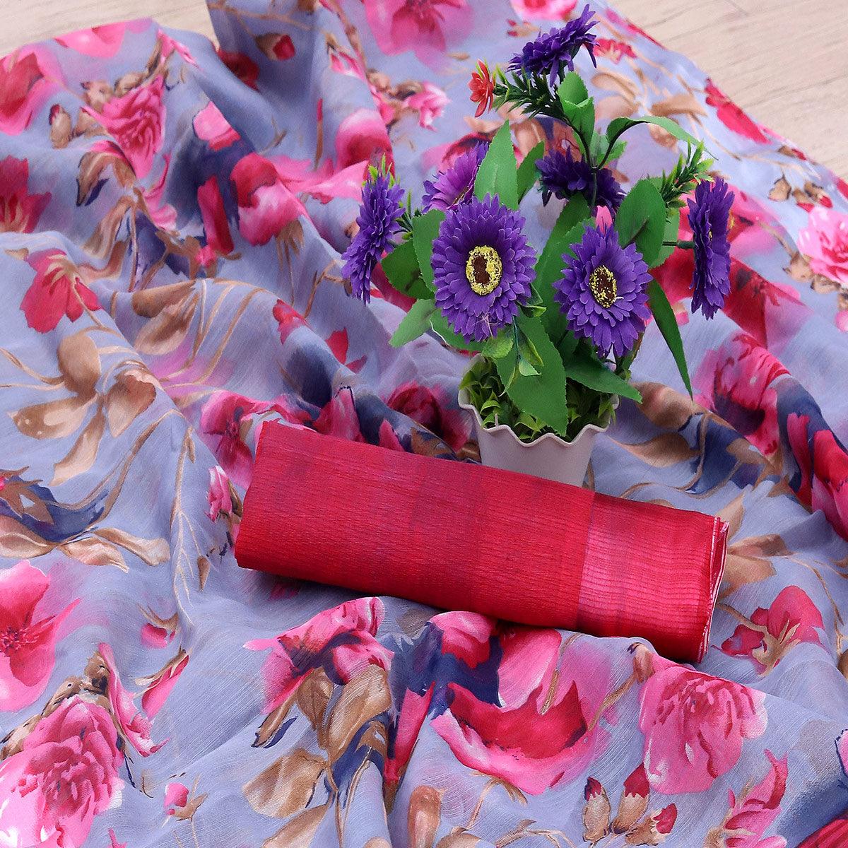 Charming Lavendar Colored Casual Wear Floral Printed Cotton Blend Saree