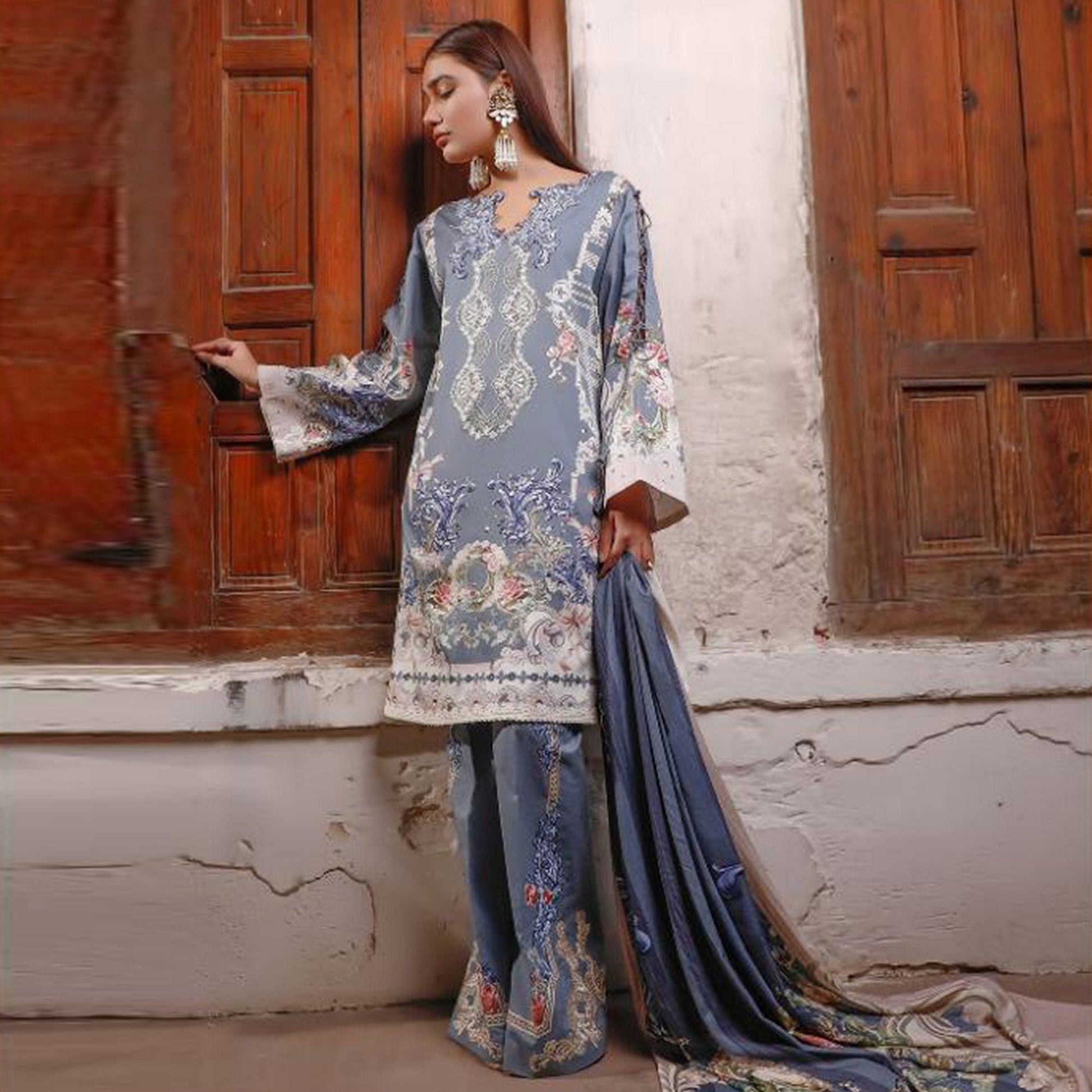 Charming Light Grey Colored Partywear Floral Printed Cotton Suit
