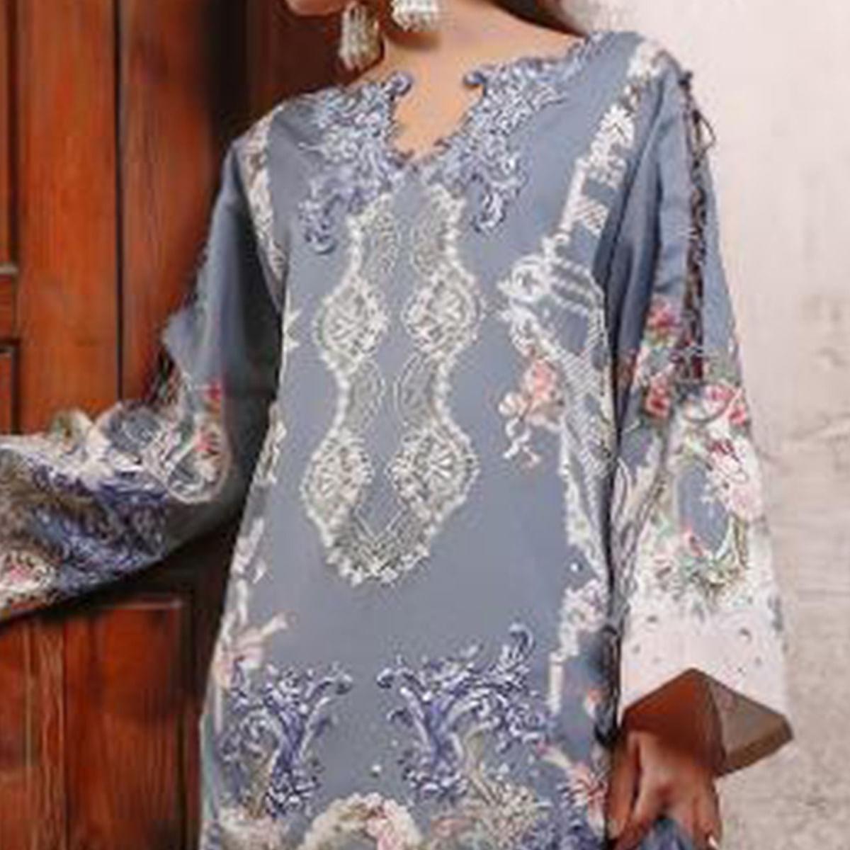 Charming Light Grey Colored Partywear Floral Printed Cotton Suit