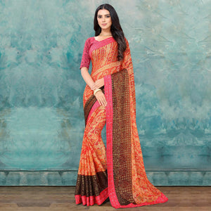 Charming Light Orange Coloured Printed Festive Wear Chiffon Saree