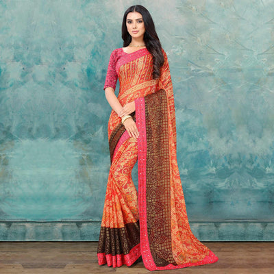 Charming Light Orange Coloured Printed Festive Wear Chiffon Saree