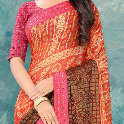 Charming Light Orange Coloured Printed Festive Wear Chiffon Saree