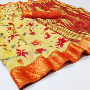 Charming Light Yellow Colored Casual Wear Floral Printed Linen Saree