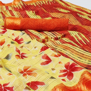 Charming Light Yellow Colored Casual Wear Floral Printed Linen Saree