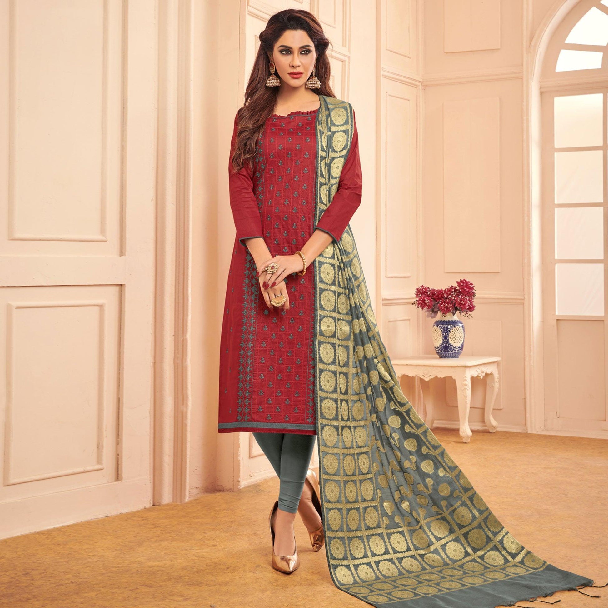 Charming Maroon Colored Casual Wear Embroidered Cotton Dress Material With Banarasi Silk Dupatta