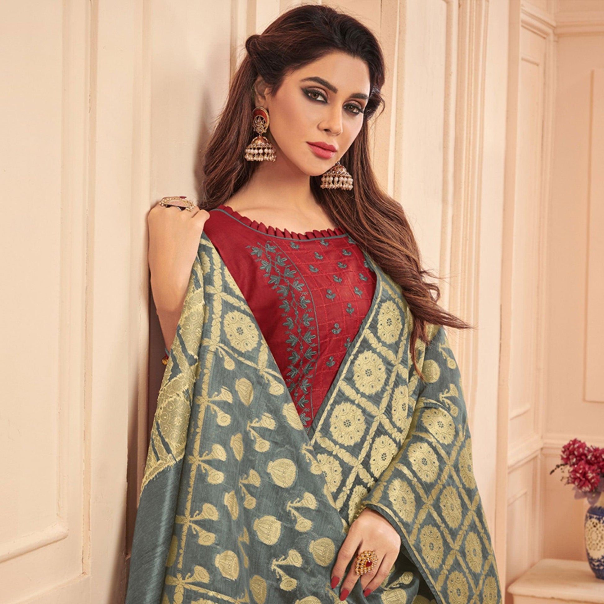 Charming Maroon Colored Casual Wear Embroidered Cotton Dress Material With Banarasi Silk Dupatta