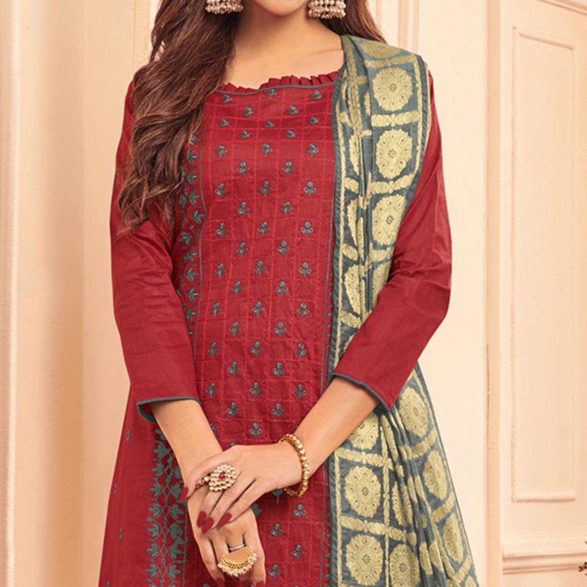 Charming Maroon Colored Casual Wear Embroidered Cotton Dress Material With Banarasi Silk Dupatta