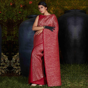 Charming Maroon Colored Party Wear Foil Print With Plitting Half- Half Silk Saree