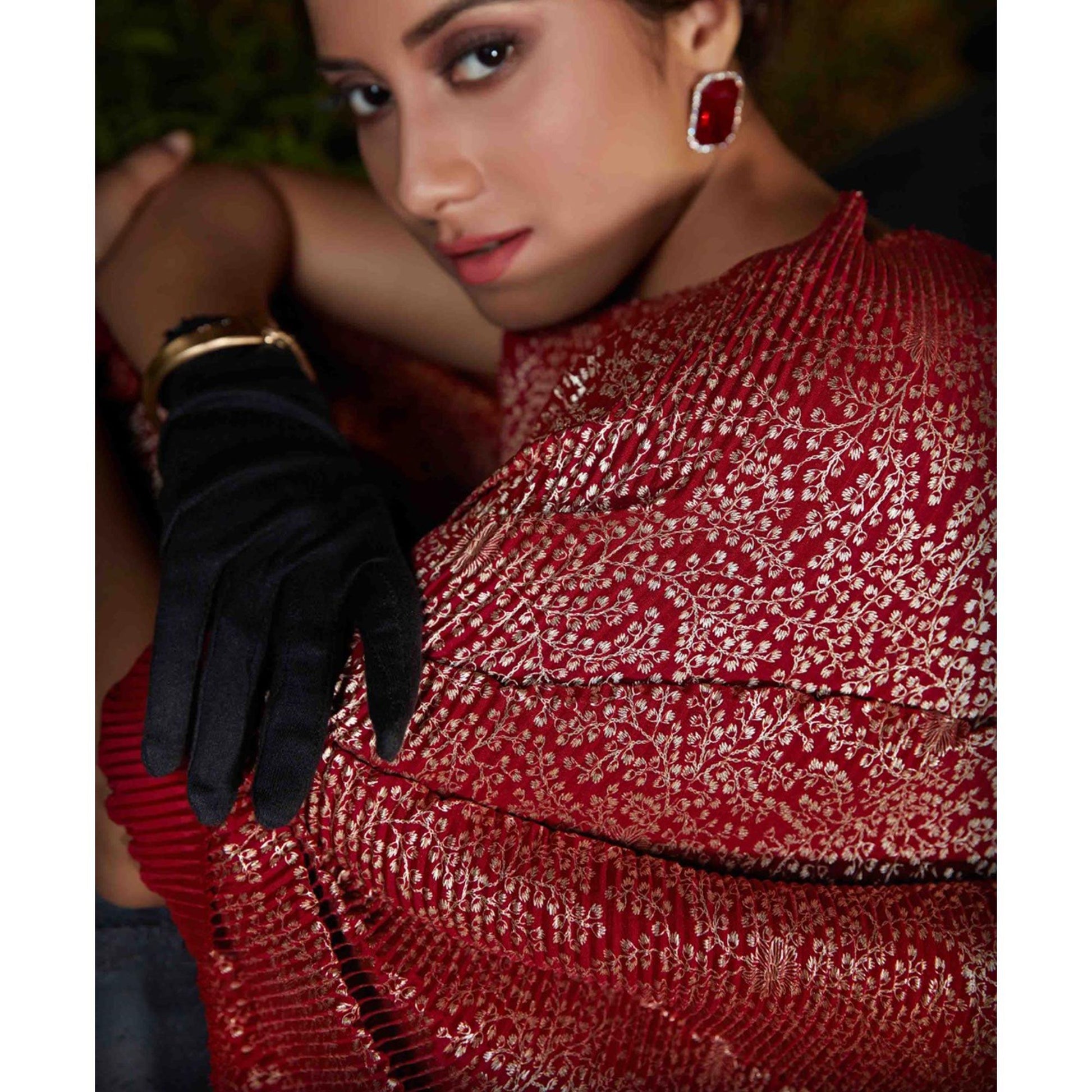 Charming Maroon Colored Party Wear Foil Print With Plitting Half- Half Silk Saree