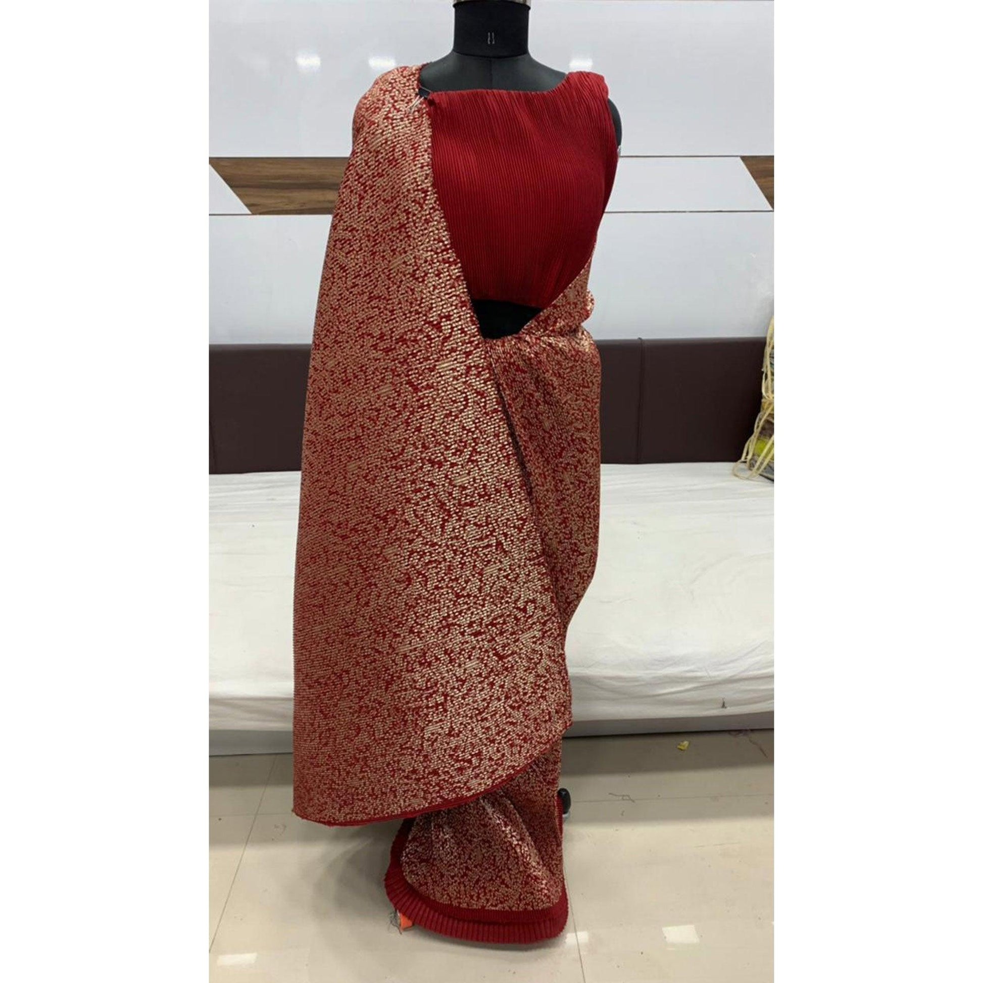 Charming Maroon Colored Party Wear Foil Print With Plitting Half- Half Silk Saree