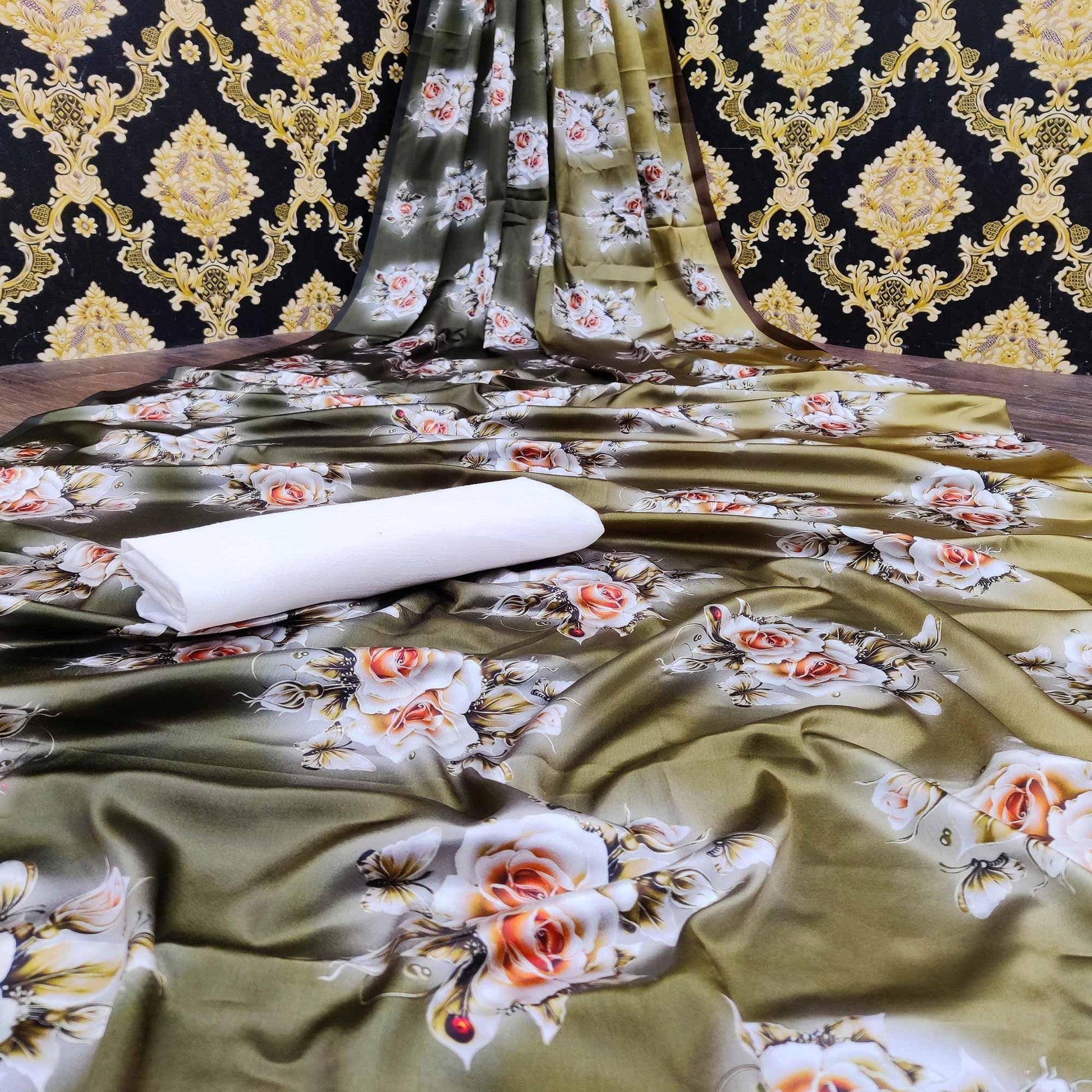 Charming Mehndi Green Colored Casual Wear Digital Floral Printed Satin  Saree
