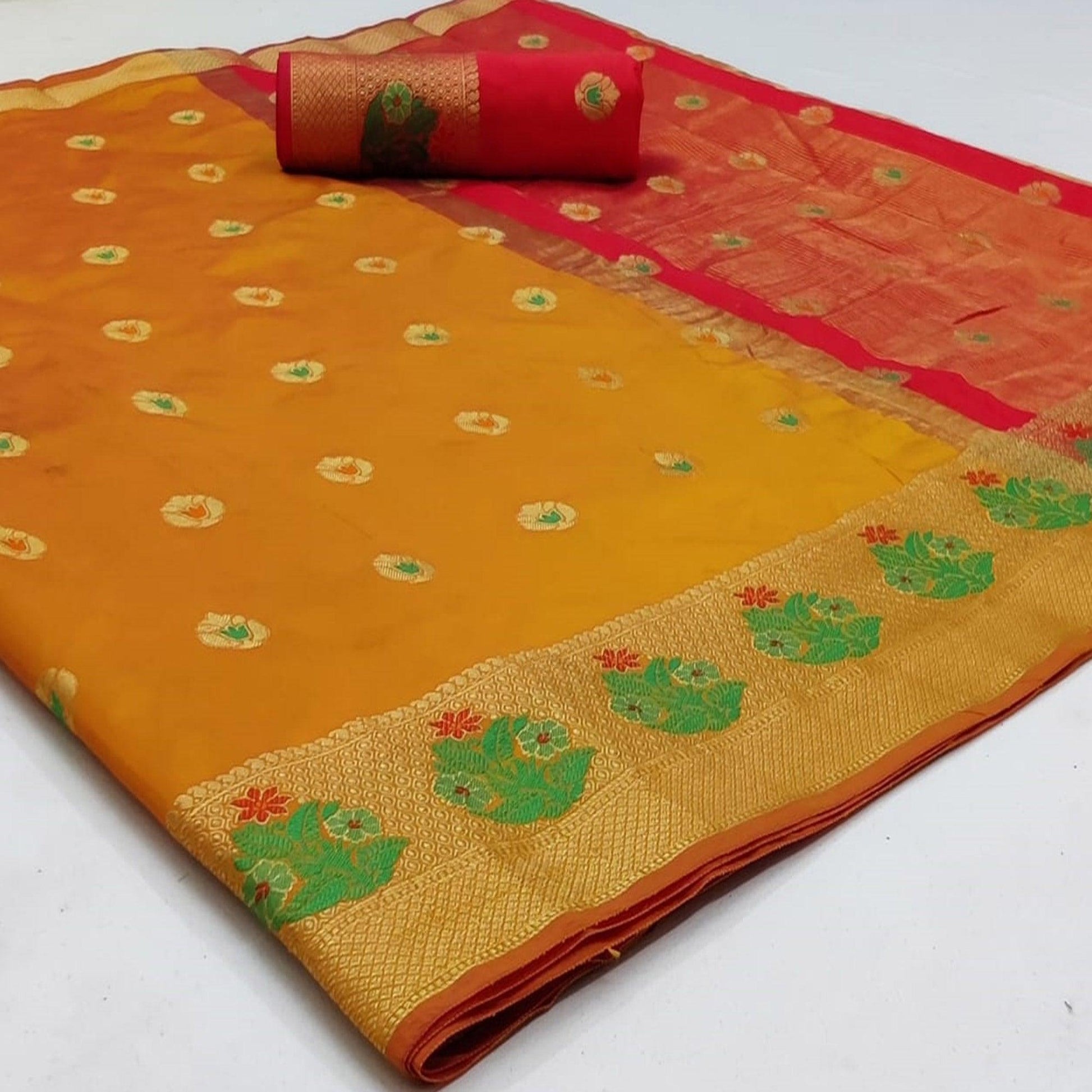 Charming Mustard-Yellow Colored Festive Wear Woven Soft Silk Saree