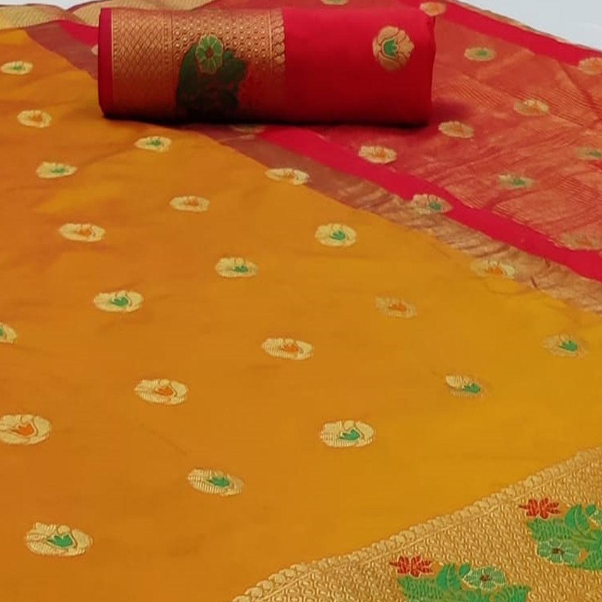 Charming Mustard-Yellow Colored Festive Wear Woven Soft Silk Saree