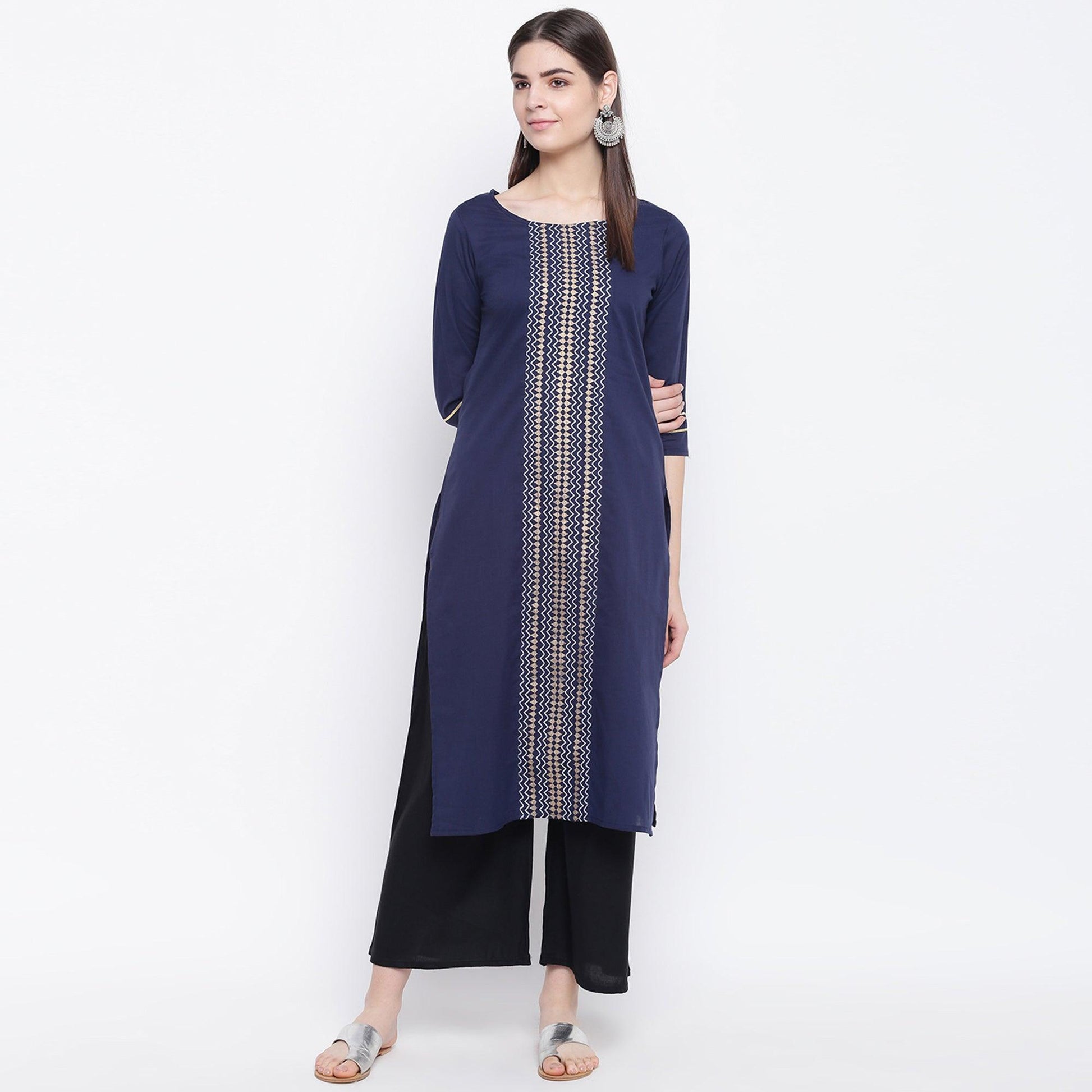 Charming Navy Blue Colored Casual Wear Printed Cotton Kurti