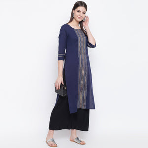 Charming Navy Blue Colored Casual Wear Printed Cotton Kurti