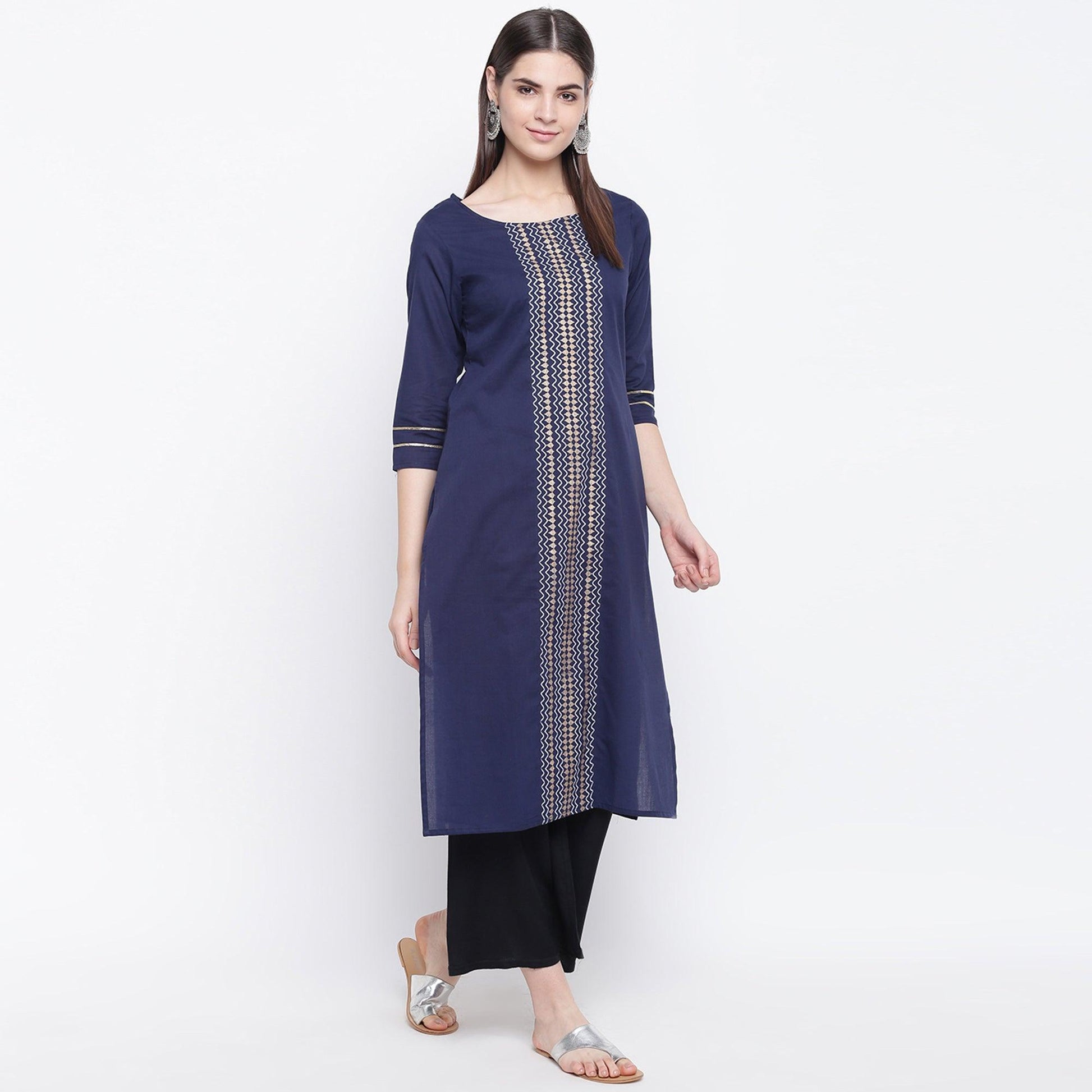 Charming Navy Blue Colored Casual Wear Printed Cotton Kurti
