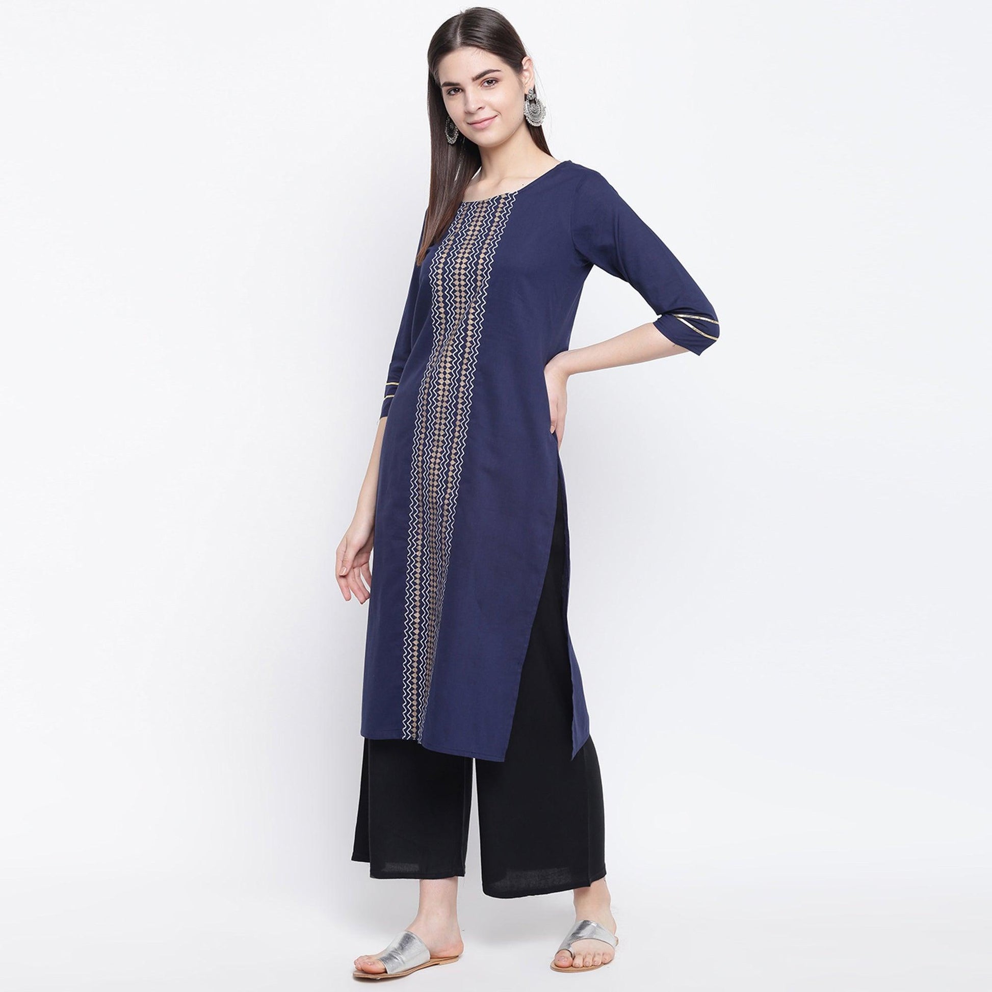 Charming Navy Blue Colored Casual Wear Printed Cotton Kurti