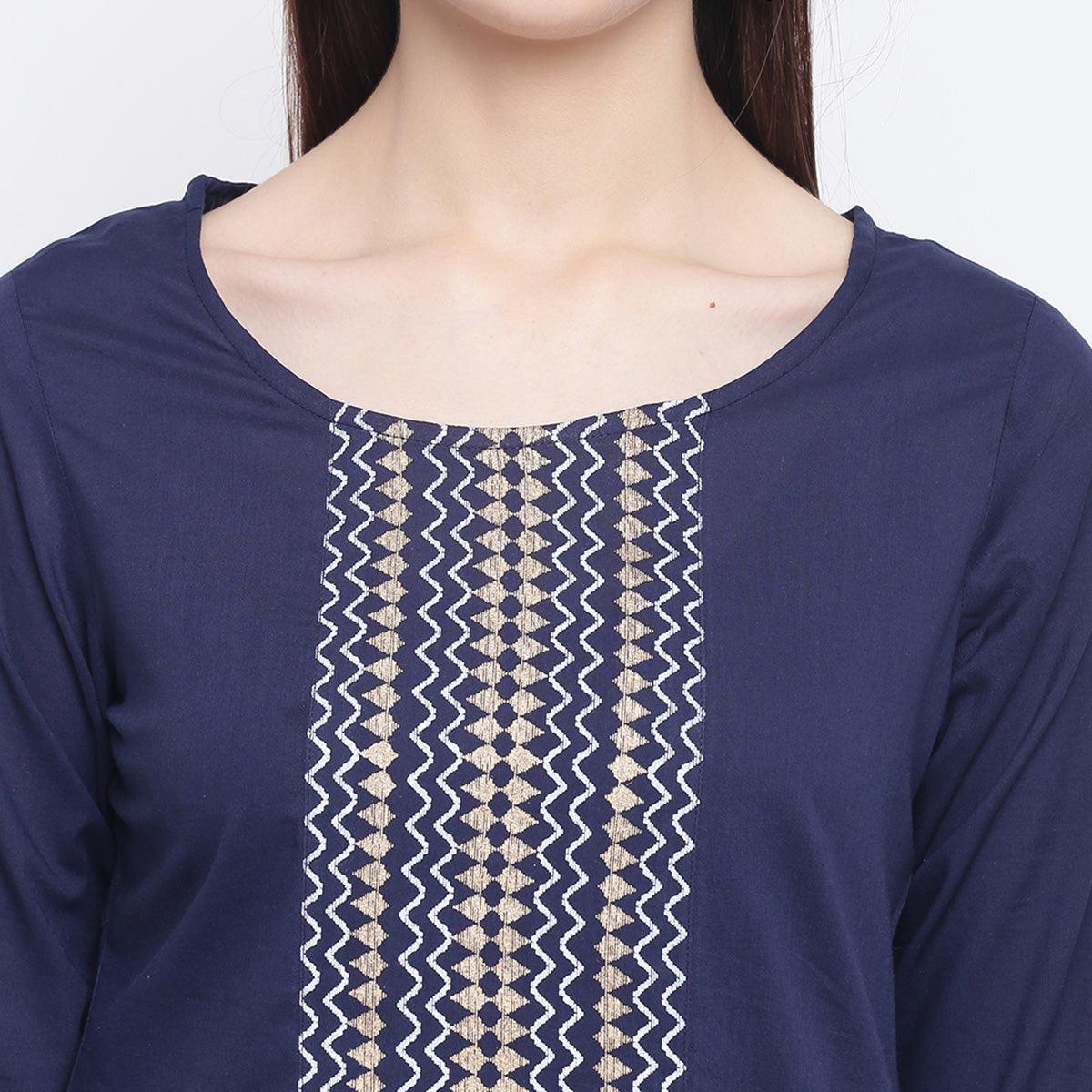 Charming Navy Blue Colored Casual Wear Printed Cotton Kurti