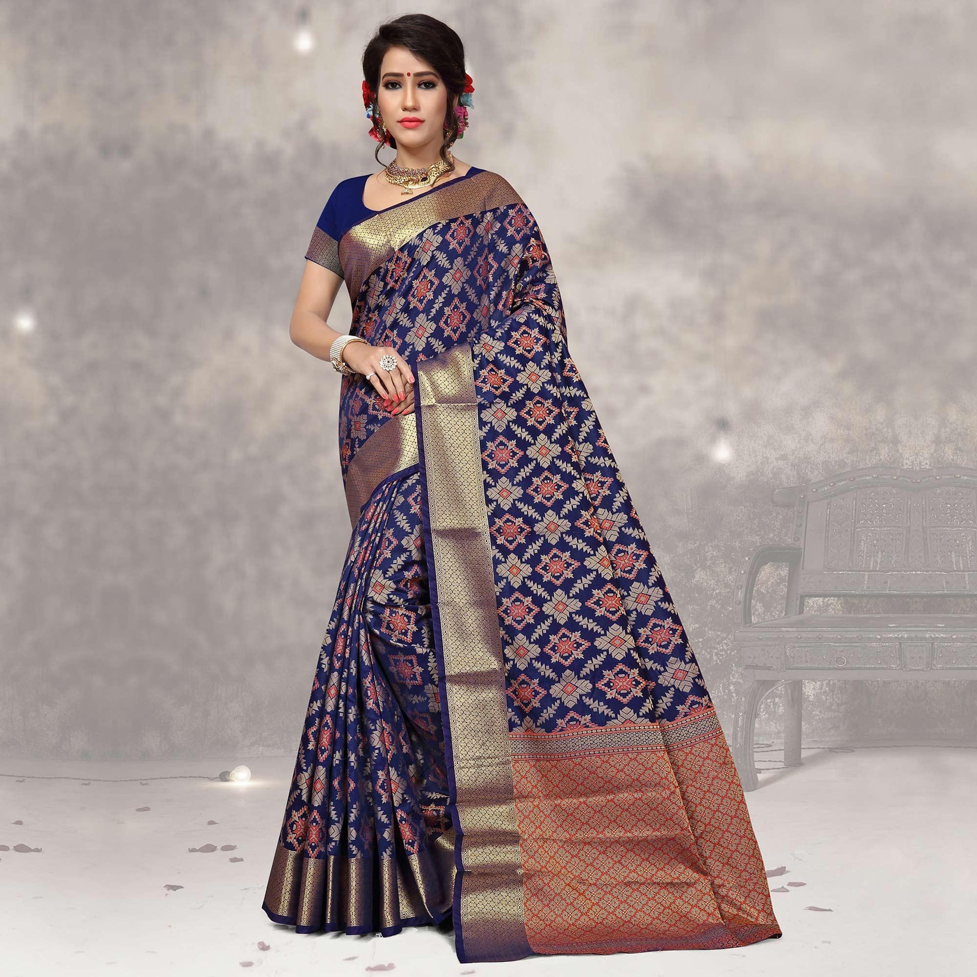 Charming Navy Blue Colored Festive Wear Woven Silk Saree