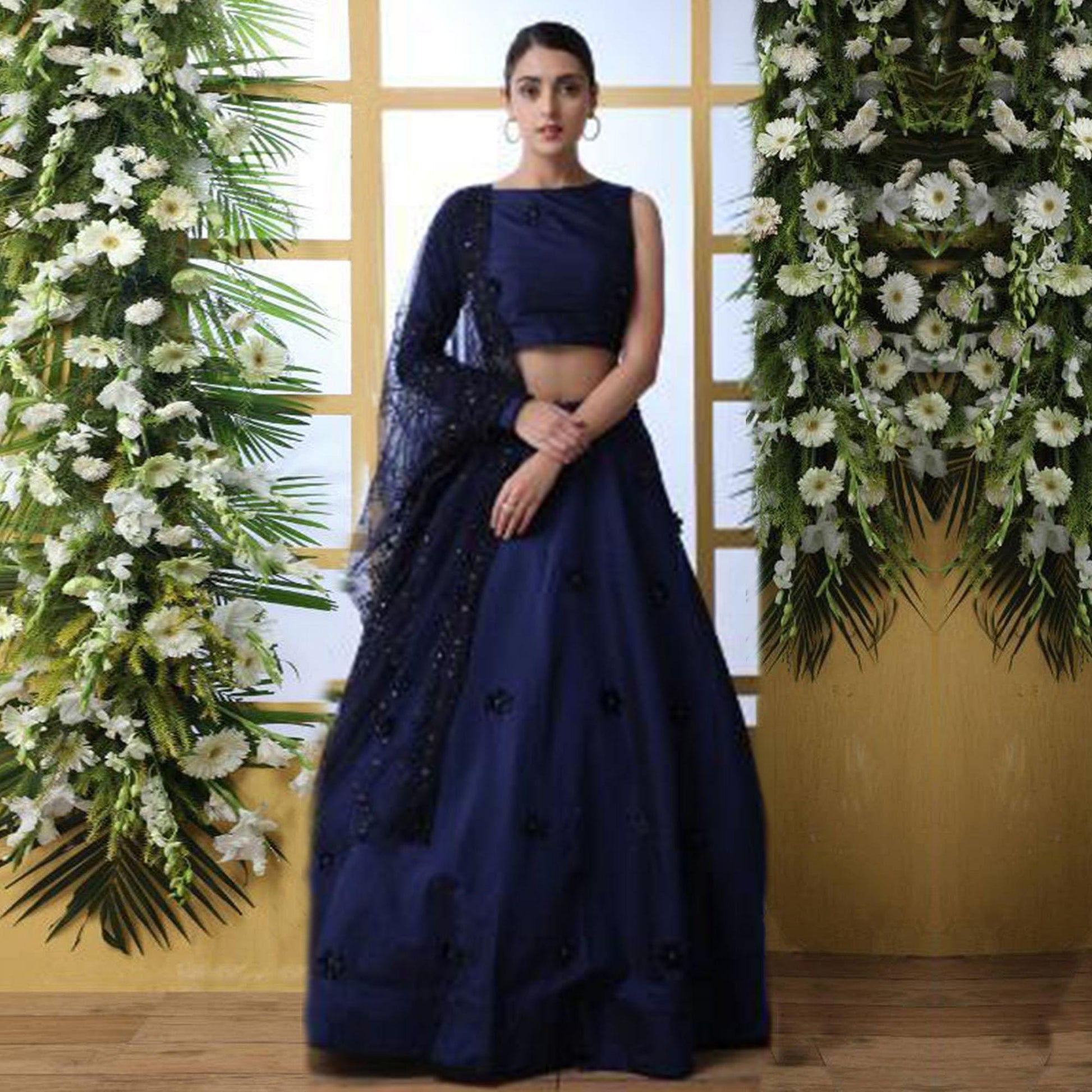 Charming Navy Blue Colored Party Wear Pearl Work Taffeta Silk Lehenga Choli