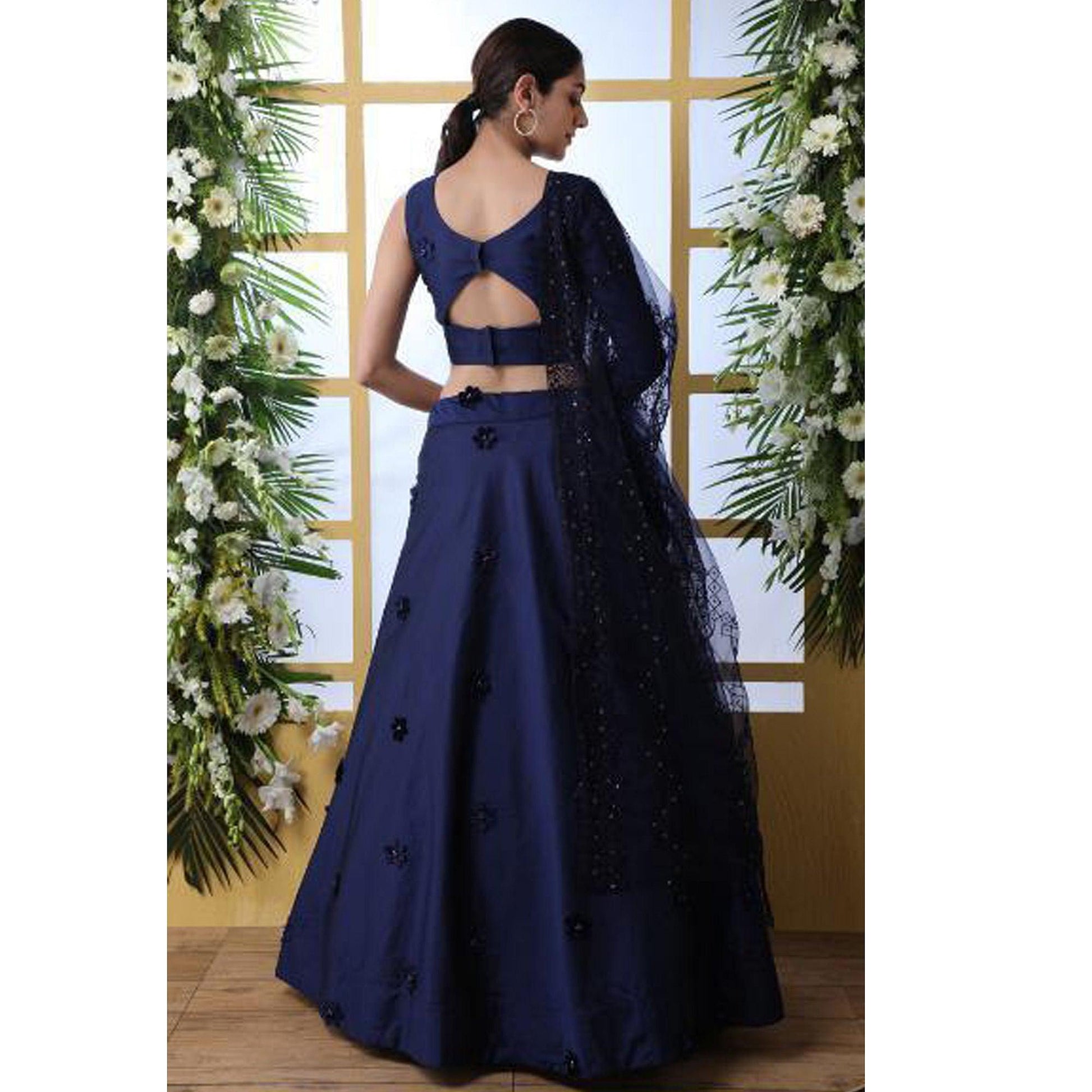 Charming Navy Blue Colored Party Wear Pearl Work Taffeta Silk Lehenga Choli