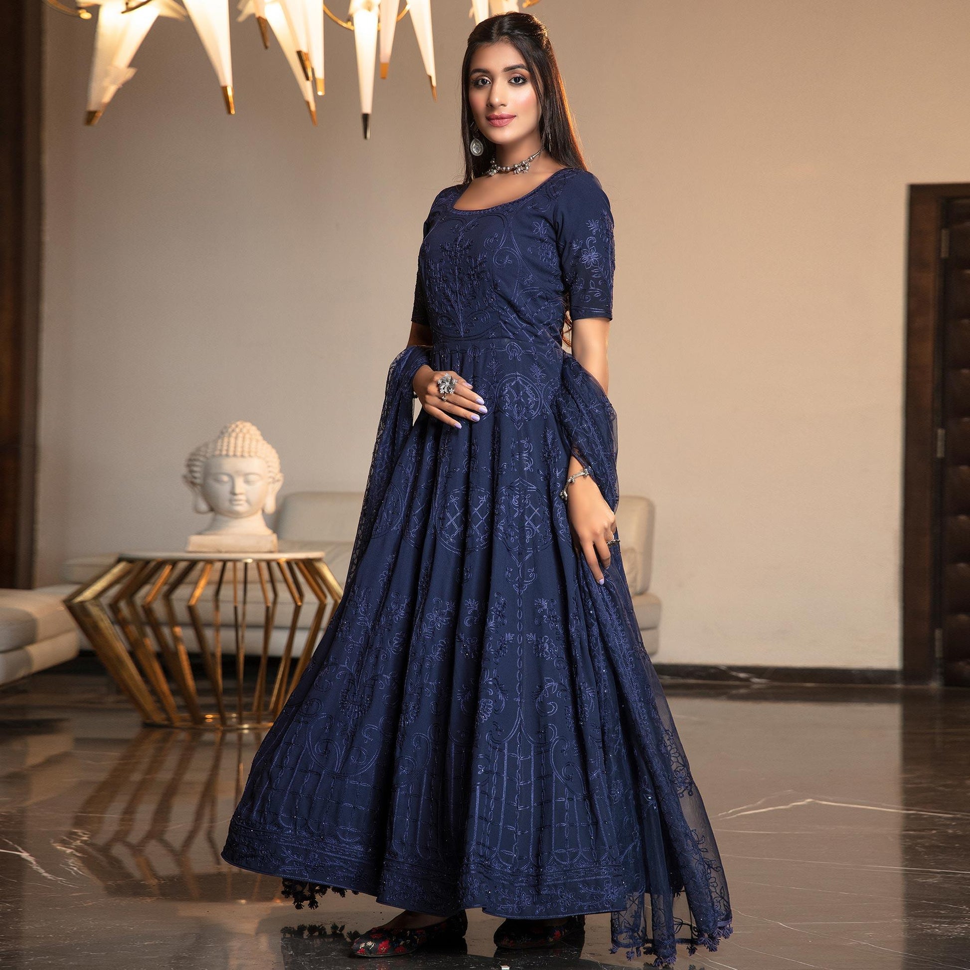 Charming Navy Blue Colored Partywear Embroidered Georgette Anarkali Suit
