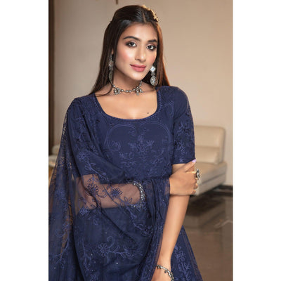 Charming Navy Blue Colored Partywear Embroidered Georgette Anarkali Suit