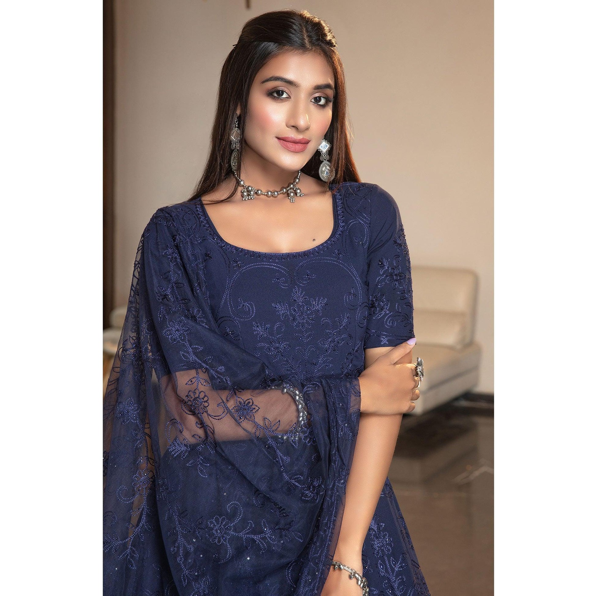 Charming Navy Blue Colored Partywear Embroidered Georgette Anarkali Suit