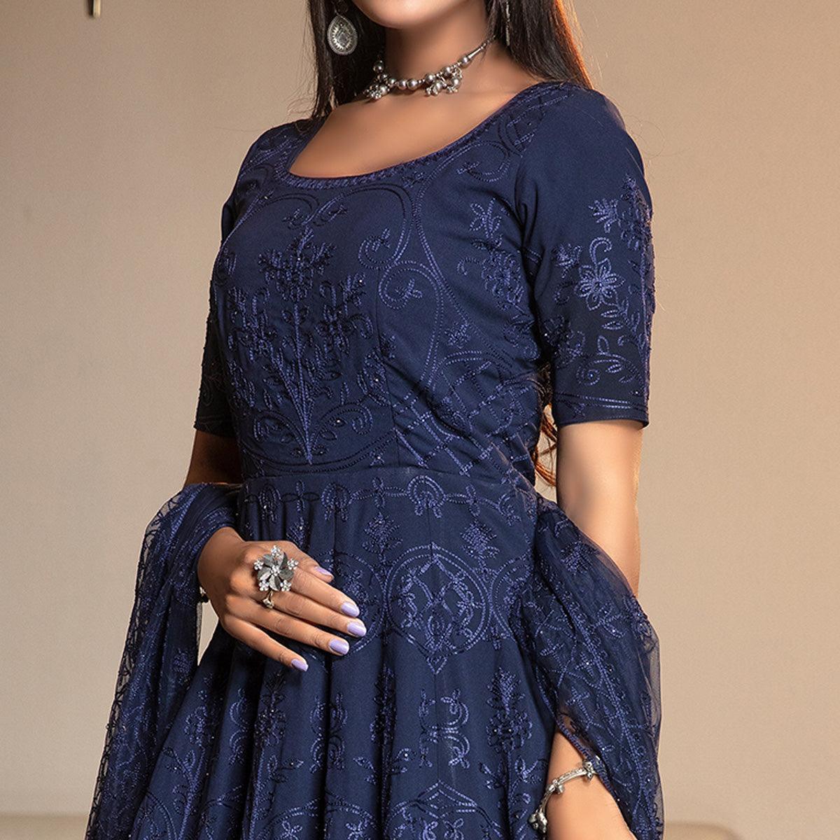 Charming Navy Blue Colored Partywear Embroidered Georgette Anarkali Suit