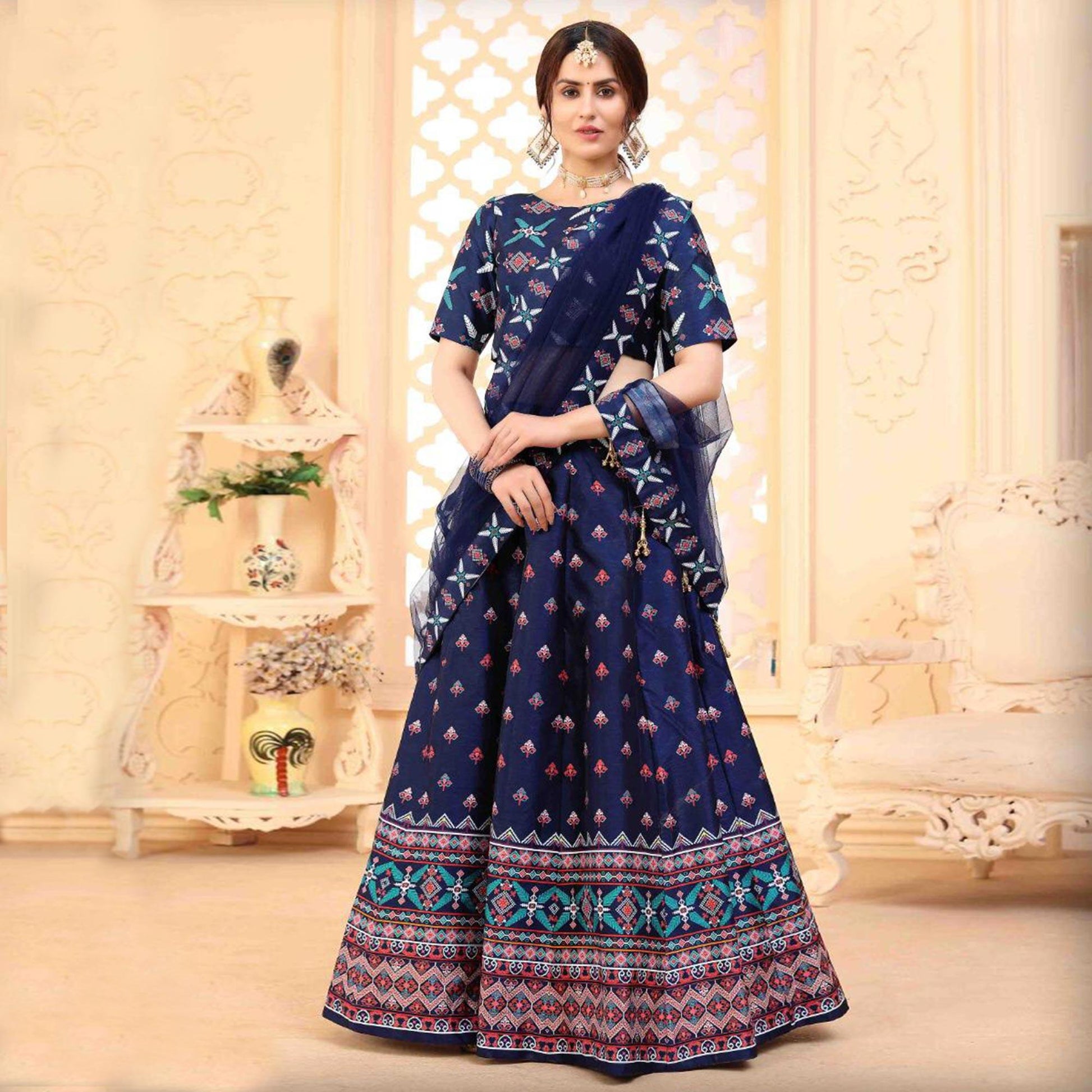 Charming Navy Blue Coloured Partywear Digital Printed Art Silk Lehenga Choli