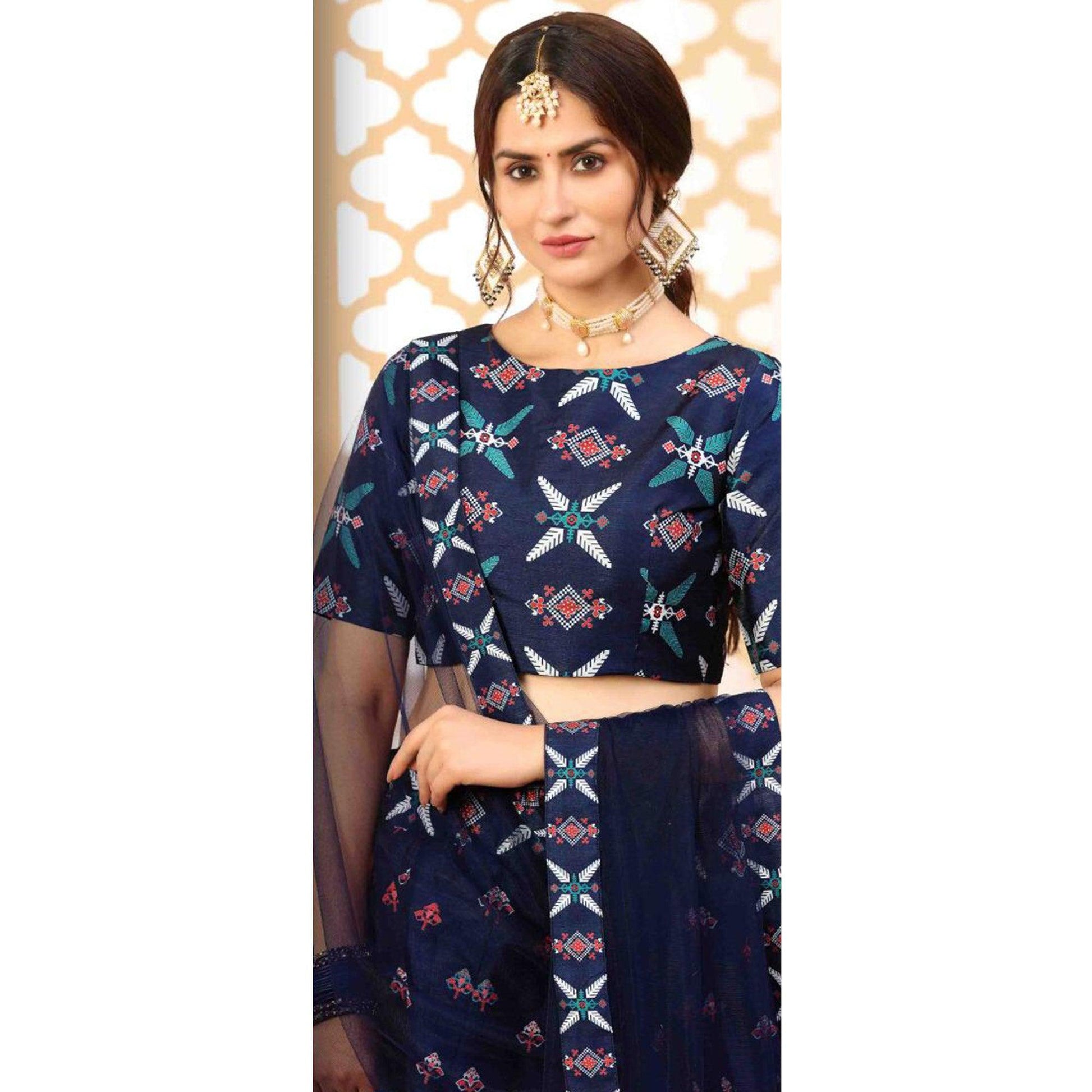 Charming Navy Blue Coloured Partywear Digital Printed Art Silk Lehenga Choli