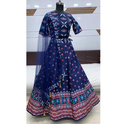 Charming Navy Blue Coloured Partywear Digital Printed Art Silk Lehenga Choli