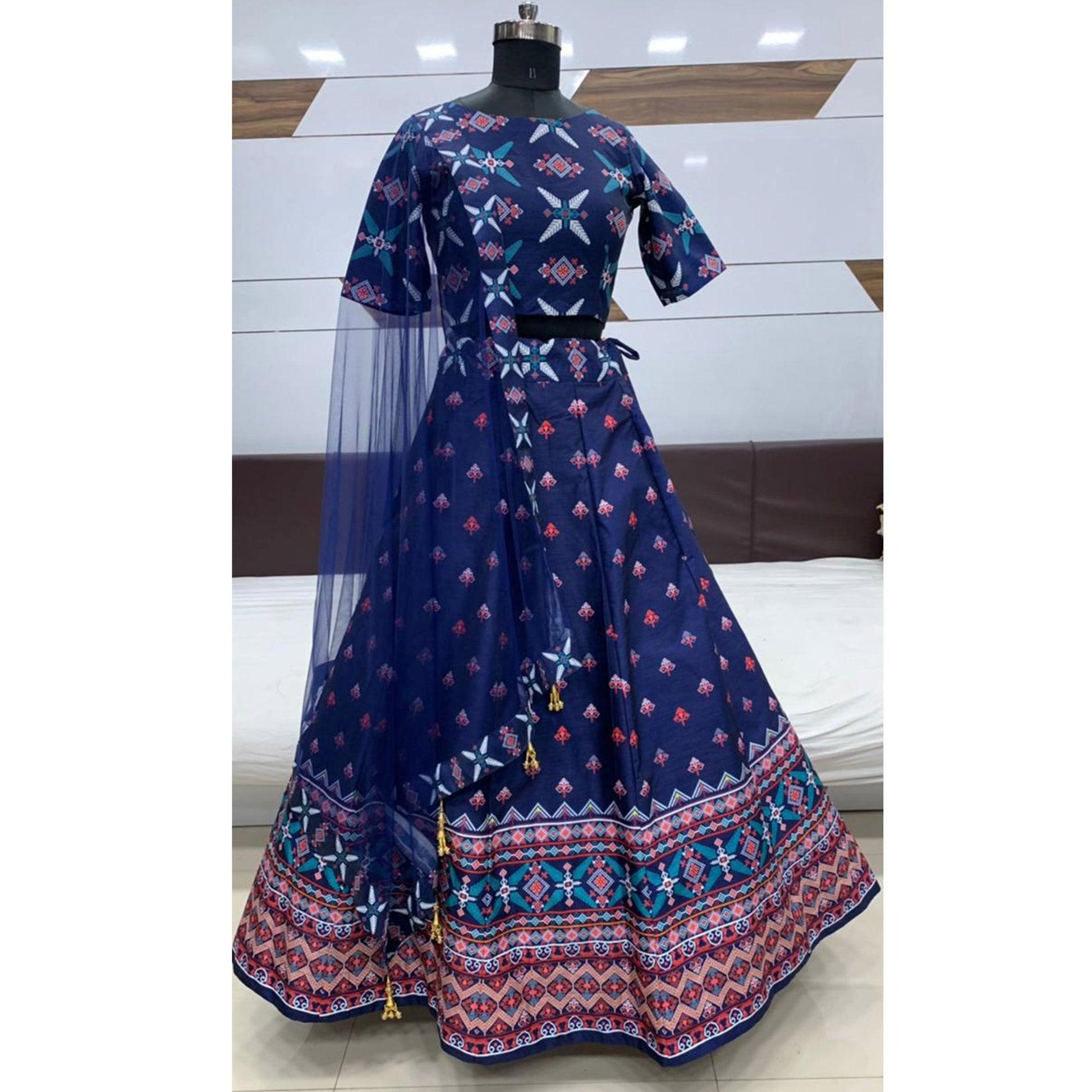 Charming Navy Blue Coloured Partywear Digital Printed Art Silk Lehenga Choli