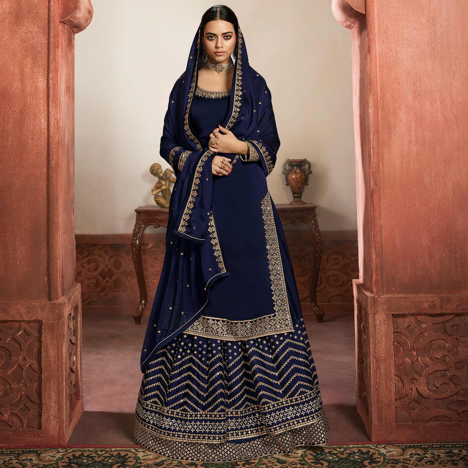 Charming Navy Blue Coloured Partywear Embroidered Rangoli Georgette Sharara Style Salwar Suit