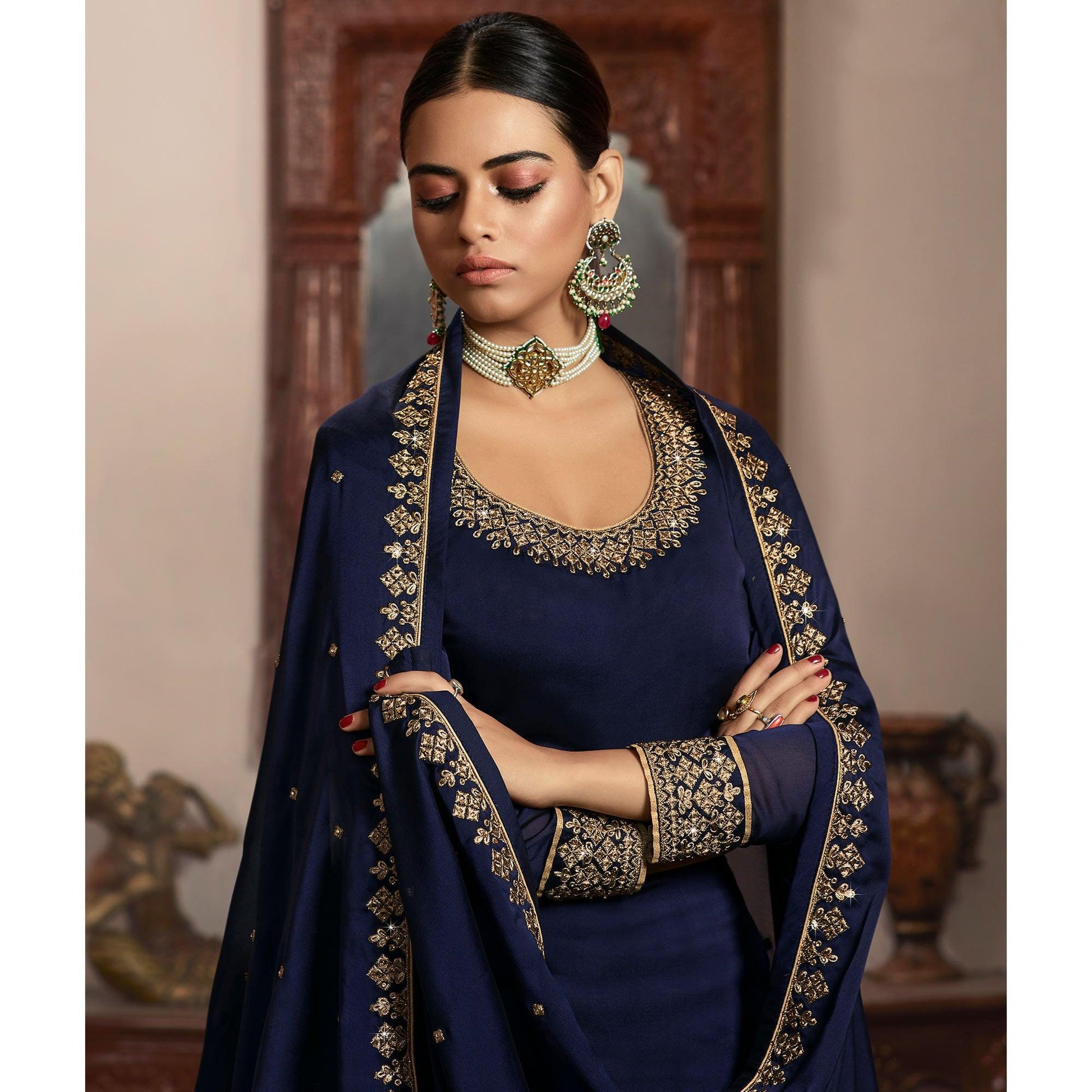 Charming Navy Blue Coloured Partywear Embroidered Rangoli Georgette Sharara Style Salwar Suit