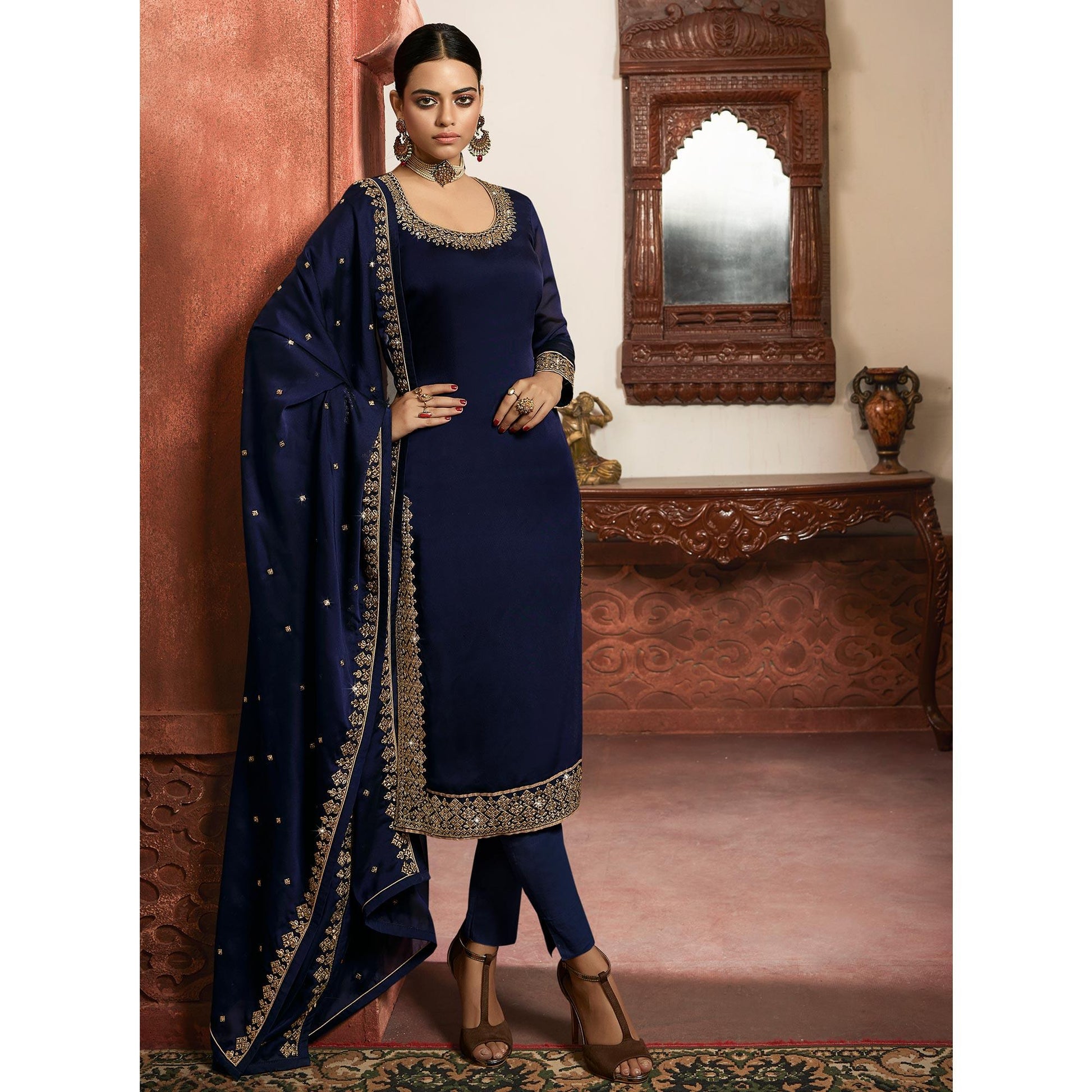 Charming Navy Blue Coloured Partywear Embroidered Rangoli Georgette Sharara Style Salwar Suit