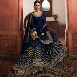 Charming Navy Blue Coloured Partywear Embroidered Rangoli Georgette Sharara Style Salwar Suit