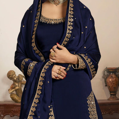 Charming Navy Blue Coloured Partywear Embroidered Rangoli Georgette Sharara Style Salwar Suit